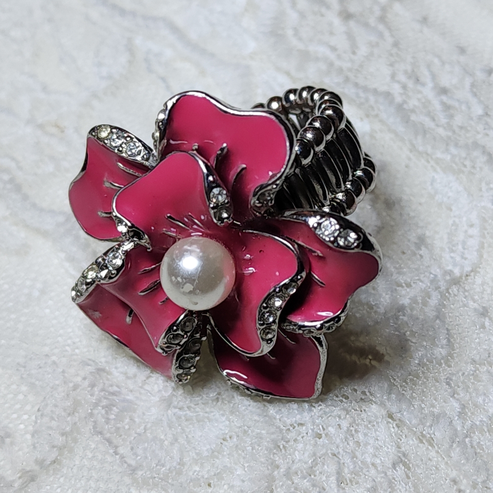 Stunning Pink Enamel Flower Statement Ring Floral Stretch Ring